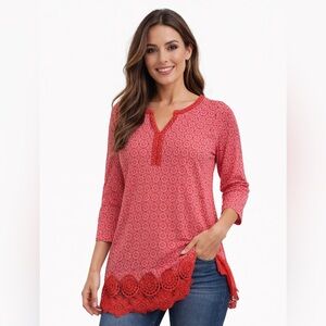 Lands' End Red Patterned Blouse with Lace Hem